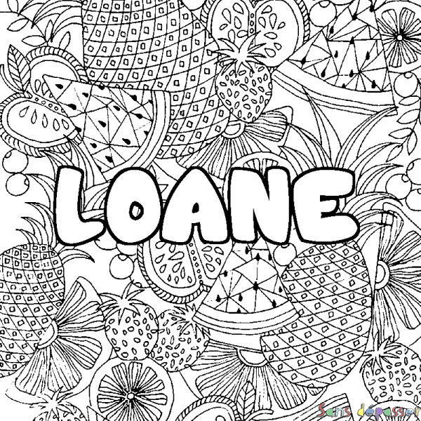 Coloriage pr&eacute;nom LOANE - d&eacute;cor Mandala fruits