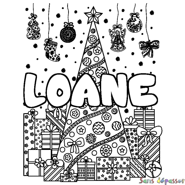 Coloriage pr&eacute;nom LOANE - d&eacute;cor Sapin et Cadeaux