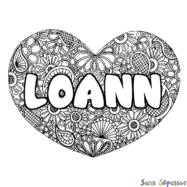 Coloriage pr&eacute;nom LOANN - d&eacute;cor Mandala coeur