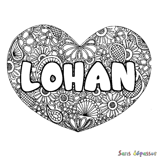 Coloriage pr&eacute;nom LOHAN - d&eacute;cor Mandala coeur