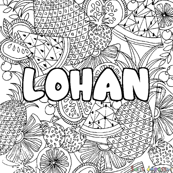 Coloriage pr&eacute;nom LOHAN - d&eacute;cor Mandala fruits