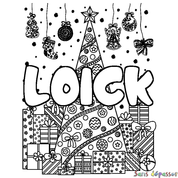 Coloriage prénom LOICK - d&eacute;cor Sapin et Cadeaux