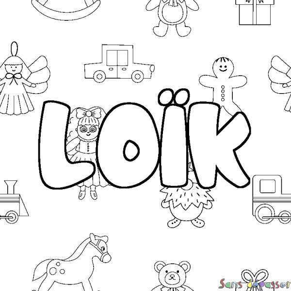 Coloriage pr&eacute;nom LO&Iuml;K - d&eacute;cor Jouets