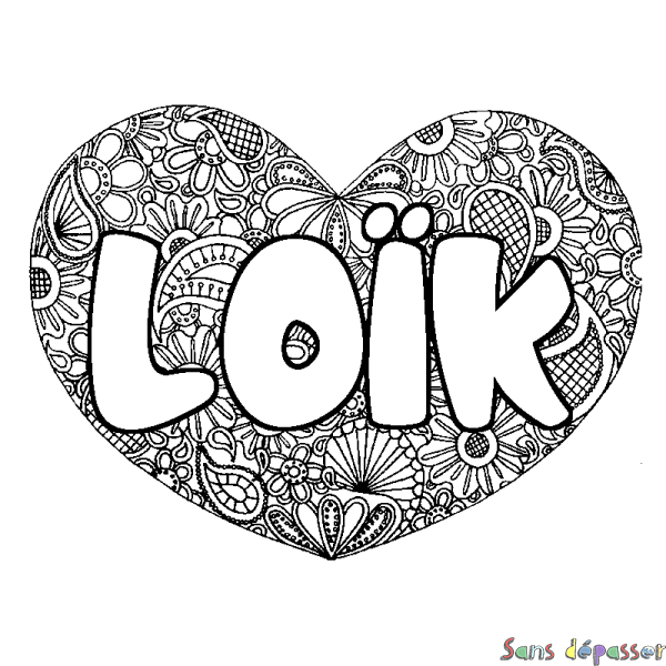 Coloriage pr&eacute;nom LO&Iuml;K - d&eacute;cor Mandala coeur