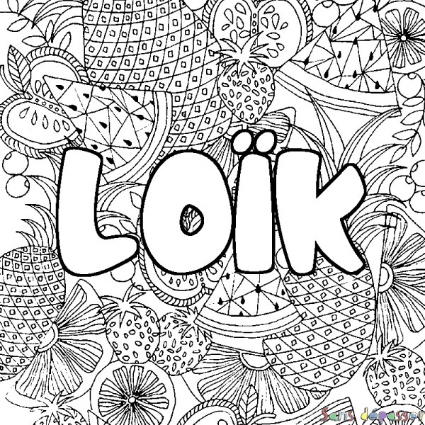 Coloriage pr&eacute;nom LO&Iuml;K - d&eacute;cor Mandala fruits