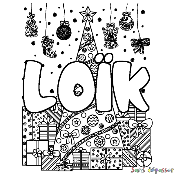 Coloriage pr&eacute;nom LO&Iuml;K - d&eacute;cor Sapin et Cadeaux