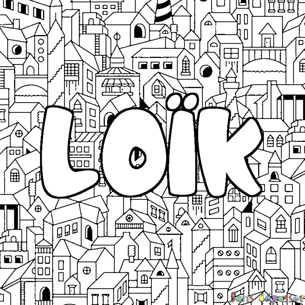 Coloriage pr&eacute;nom LO&Iuml;K - d&eacute;cor Ville