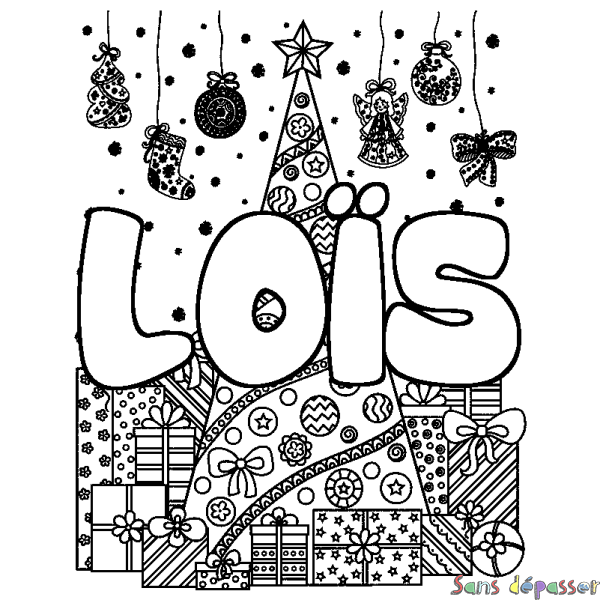 Coloriage pr&eacute;nom LO&Iuml;S - d&eacute;cor Sapin et Cadeaux