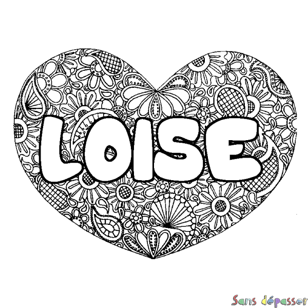 Coloriage pr&eacute;nom LOISE - d&eacute;cor Mandala coeur