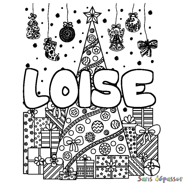 Coloriage pr&eacute;nom LOISE - d&eacute;cor Sapin et Cadeaux