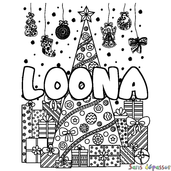 Coloriage pr&eacute;nom LOONA - d&eacute;cor Sapin et Cadeaux