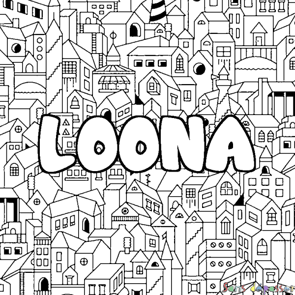 Coloriage pr&eacute;nom LOONA - d&eacute;cor Ville