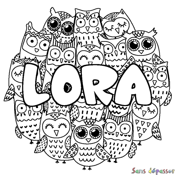 Coloriage pr&eacute;nom LORA - d&eacute;cor Chouettes