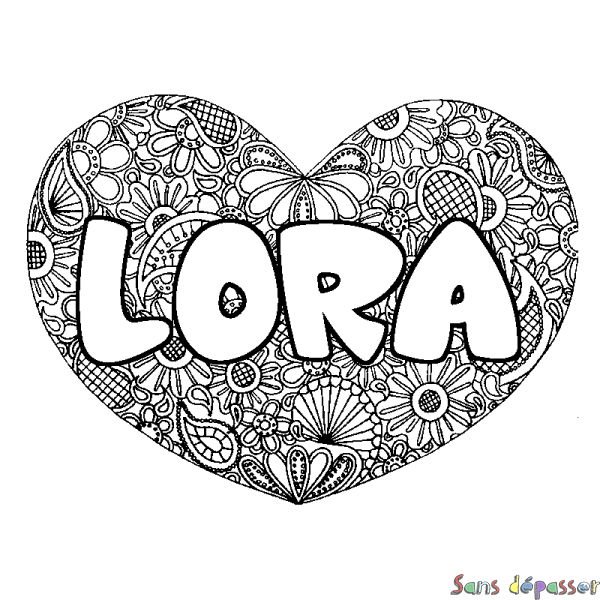 Coloriage pr&eacute;nom LORA - d&eacute;cor Mandala coeur