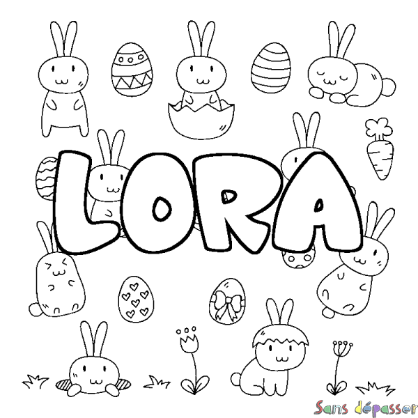 Coloriage pr&eacute;nom LORA - d&eacute;cor Paques