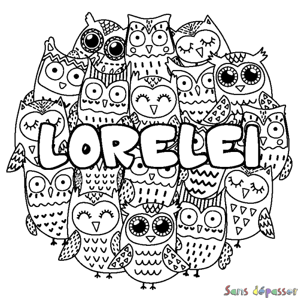 Coloriage pr&eacute;nom LORELEI - d&eacute;cor Chouettes