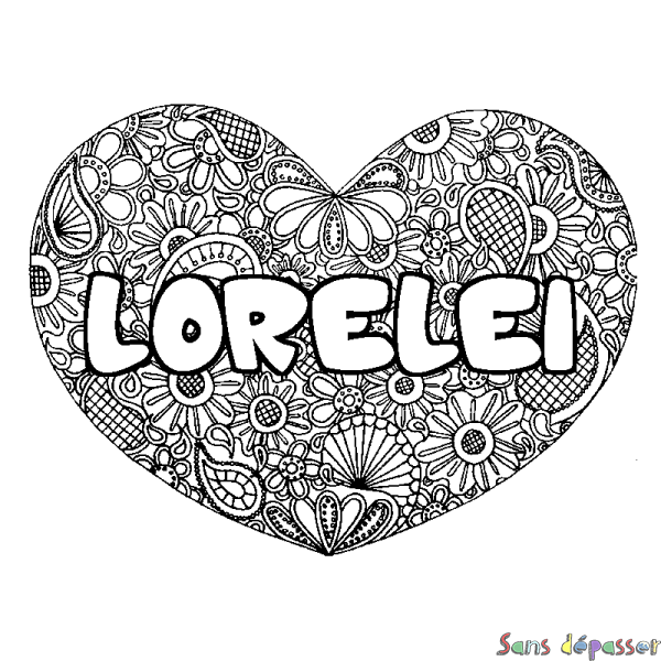 Coloriage pr&eacute;nom LORELEI - d&eacute;cor Mandala coeur