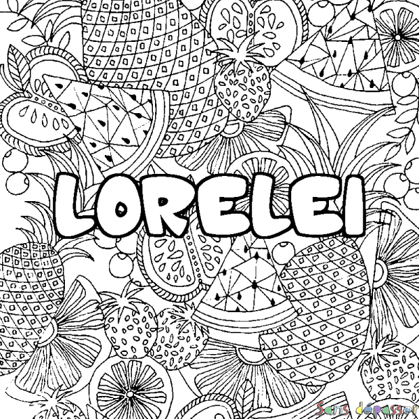 Coloriage pr&eacute;nom LORELEI - d&eacute;cor Mandala fruits