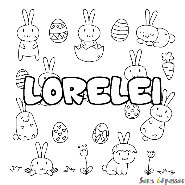 Coloriage pr&eacute;nom LORELEI - d&eacute;cor Paques