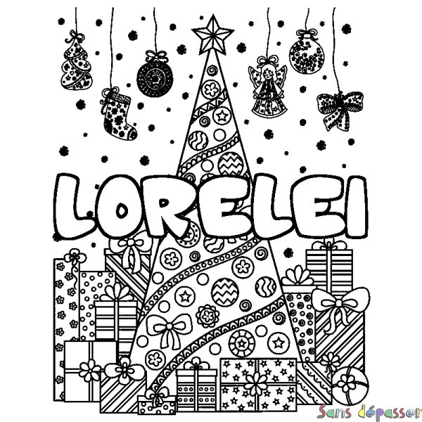 Coloriage pr&eacute;nom LORELEI - d&eacute;cor Sapin et Cadeaux