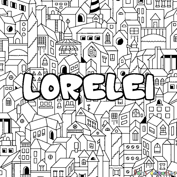 Coloriage pr&eacute;nom LORELEI - d&eacute;cor Ville