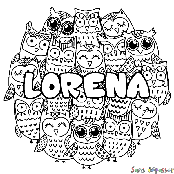 Coloriage pr&eacute;nom LORENA - d&eacute;cor Chouettes