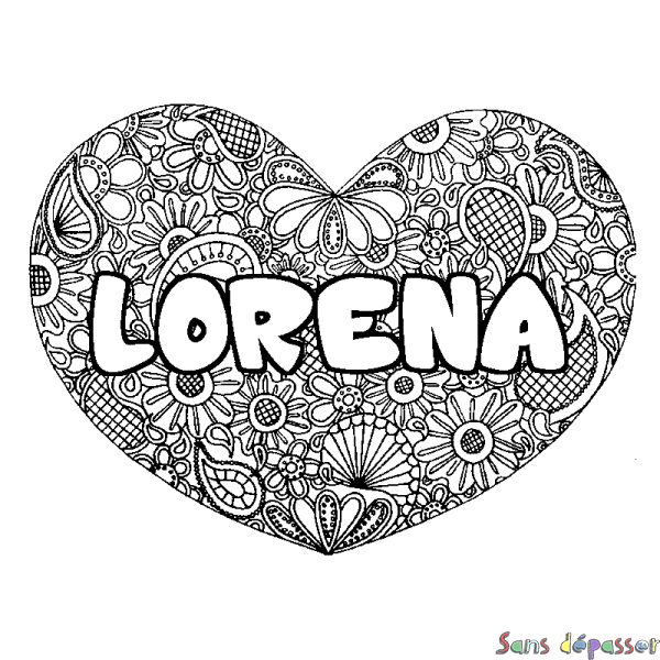 Coloriage pr&eacute;nom LORENA - d&eacute;cor Mandala coeur
