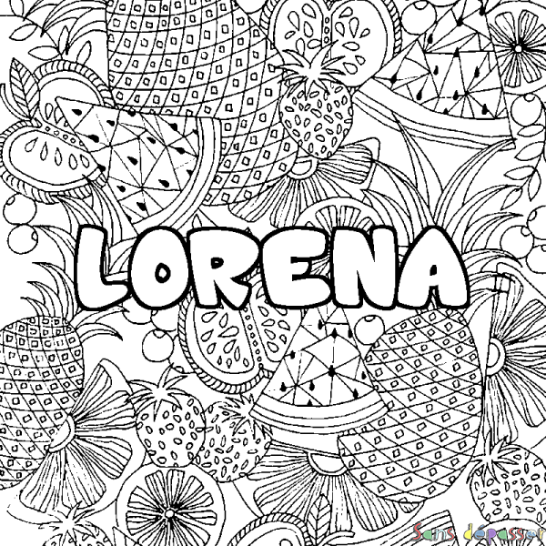 Coloriage pr&eacute;nom LORENA - d&eacute;cor Mandala fruits