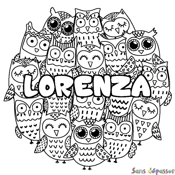 Coloriage pr&eacute;nom LORENZA - d&eacute;cor Chouettes