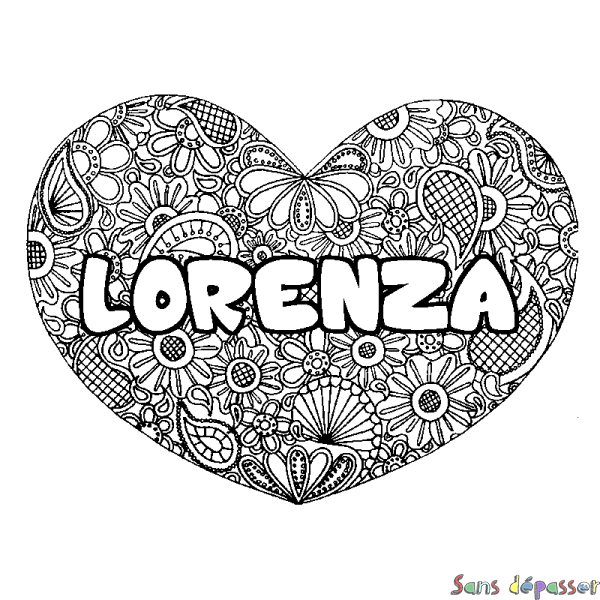 Coloriage pr&eacute;nom LORENZA - d&eacute;cor Mandala coeur