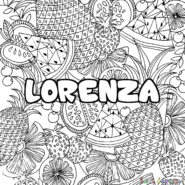 Coloriage pr&eacute;nom LORENZA - d&eacute;cor Mandala fruits