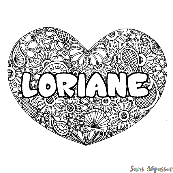 Coloriage pr&eacute;nom LORIANE - d&eacute;cor Mandala coeur