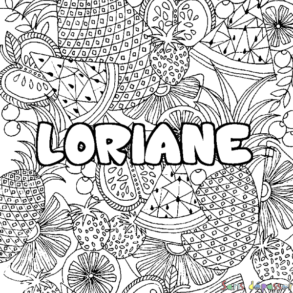 Coloriage pr&eacute;nom LORIANE - d&eacute;cor Mandala fruits