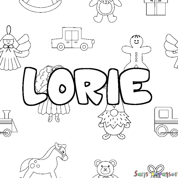 Coloriage pr&eacute;nom LORIE - d&eacute;cor Jouets