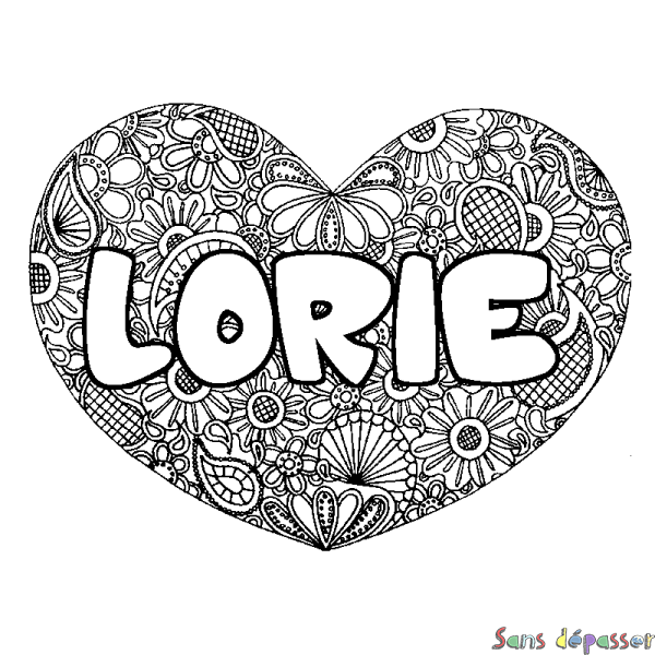 Coloriage pr&eacute;nom LORIE - d&eacute;cor Mandala coeur