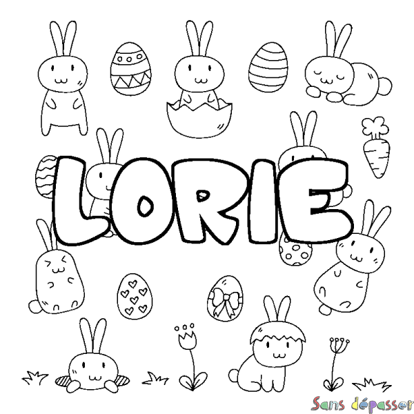 Coloriage pr&eacute;nom LORIE - d&eacute;cor Paques