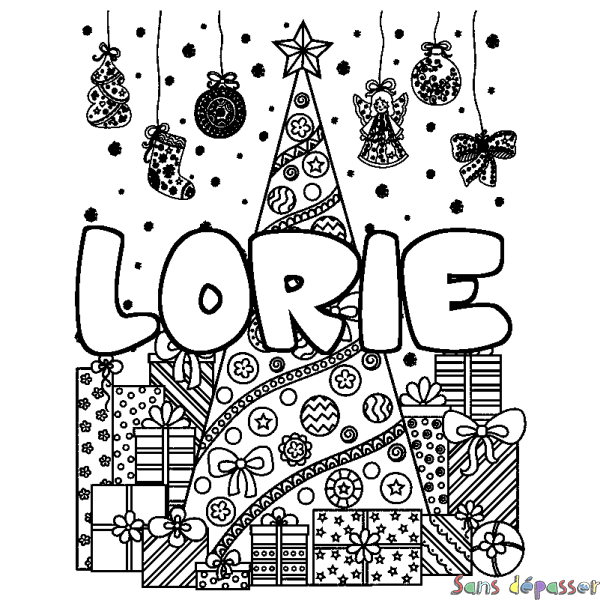 Coloriage pr&eacute;nom LORIE - d&eacute;cor Sapin et Cadeaux