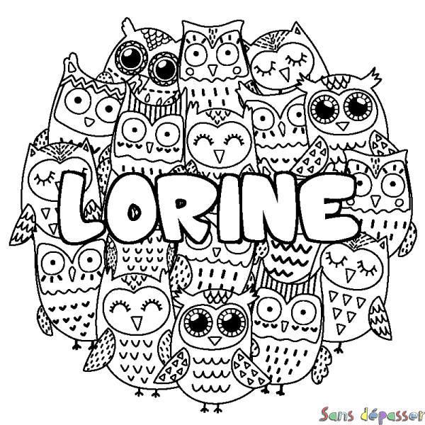 Coloriage pr&eacute;nom LORINE - d&eacute;cor Chouettes