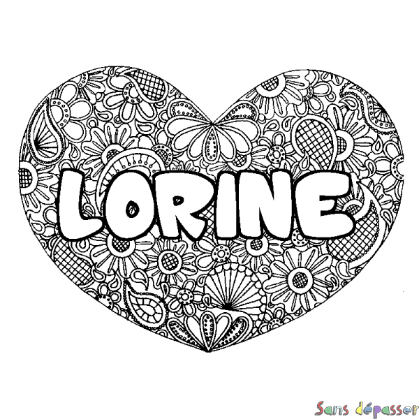 Coloriage pr&eacute;nom LORINE - d&eacute;cor Mandala coeur