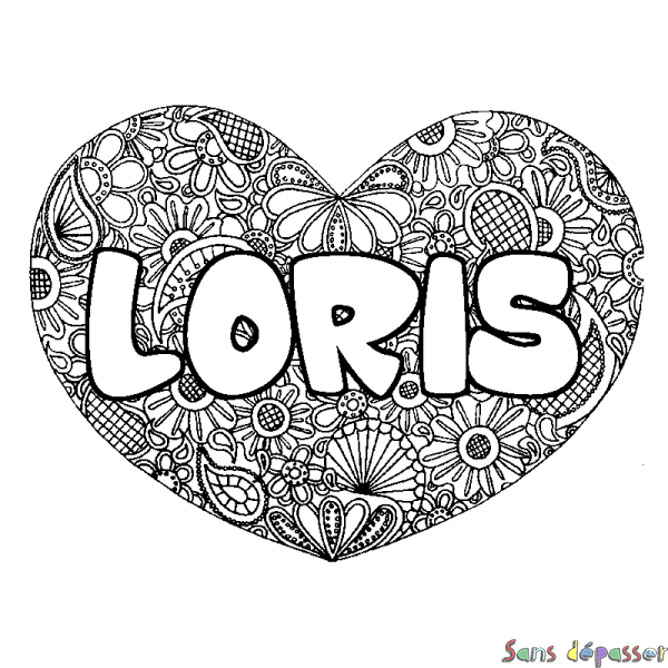 Coloriage pr&eacute;nom LORIS - d&eacute;cor Mandala coeur