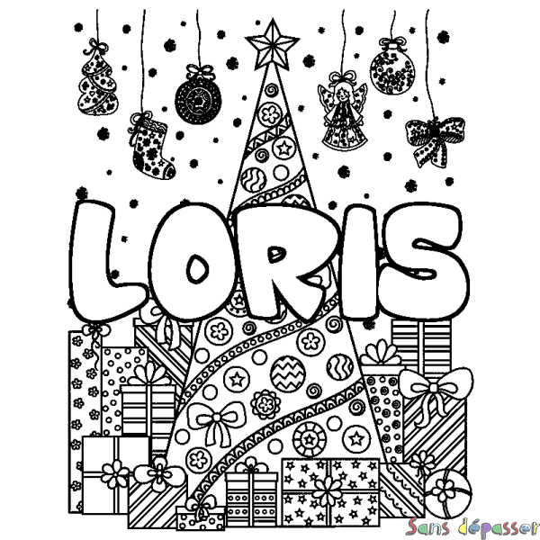 Coloriage pr&eacute;nom LORIS - d&eacute;cor Sapin et Cadeaux