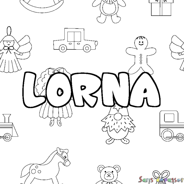 Coloriage pr&eacute;nom LORNA - d&eacute;cor Jouets