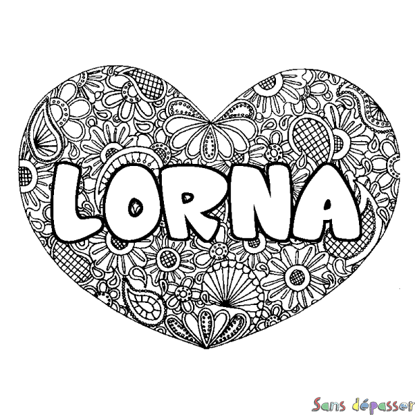 Coloriage pr&eacute;nom LORNA - d&eacute;cor Mandala coeur