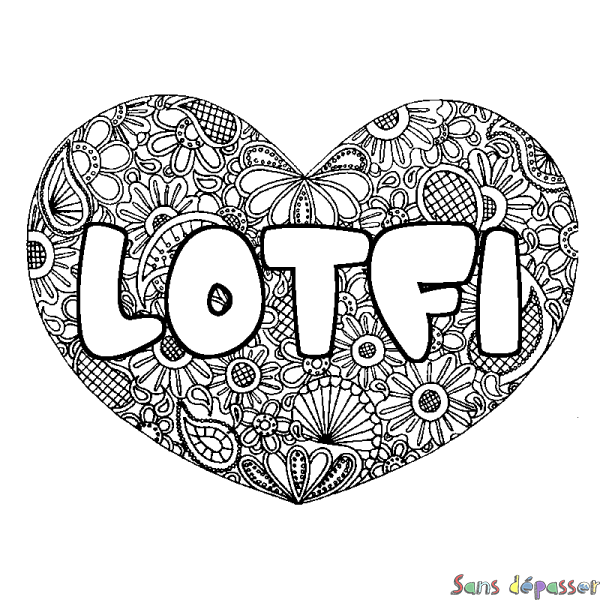 Coloriage pr&eacute;nom LOTFI - d&eacute;cor Mandala coeur