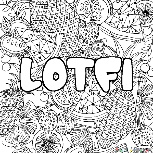 Coloriage pr&eacute;nom LOTFI - d&eacute;cor Mandala fruits