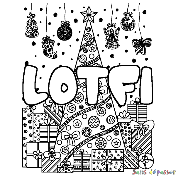 Coloriage pr&eacute;nom LOTFI - d&eacute;cor Sapin et Cadeaux