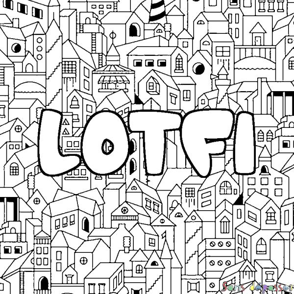 Coloriage pr&eacute;nom LOTFI - d&eacute;cor Ville