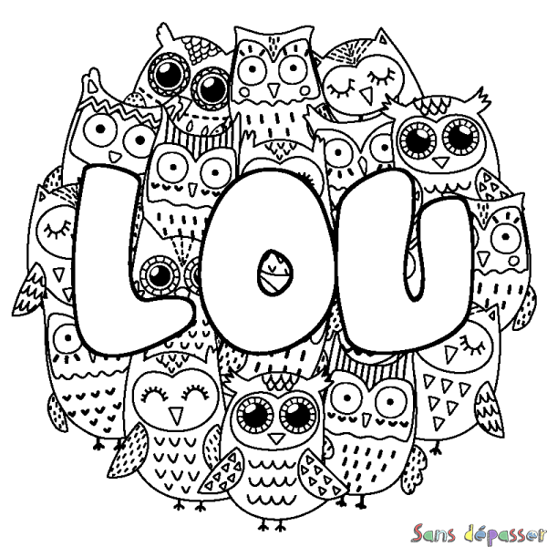 Coloriage pr&eacute;nom LOU - d&eacute;cor Chouettes