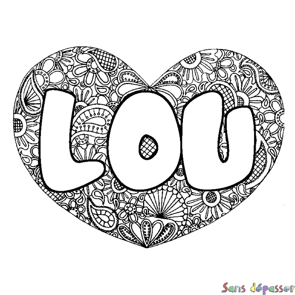 Coloriage pr&eacute;nom LOU - d&eacute;cor Mandala coeur
