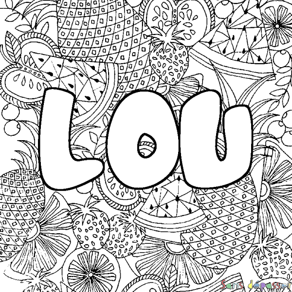 Coloriage pr&eacute;nom LOU - d&eacute;cor Mandala fruits